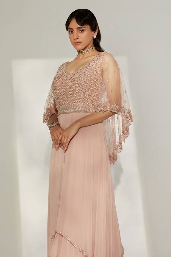 Amitabh Malhotra Peach Georgette Embroidered Cape Back Gown 4