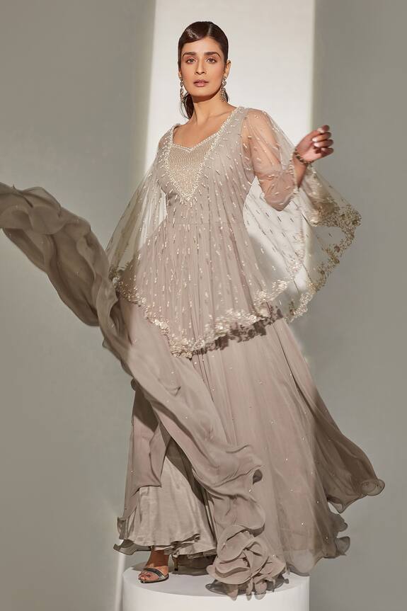 Amitabh Malhotra Grey Georgette Embroidered Cape Gown 1