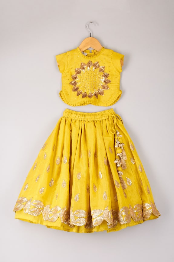 P & S Co Yellow Leaf Embroidered Lehenga And Choli Set For Girls 1