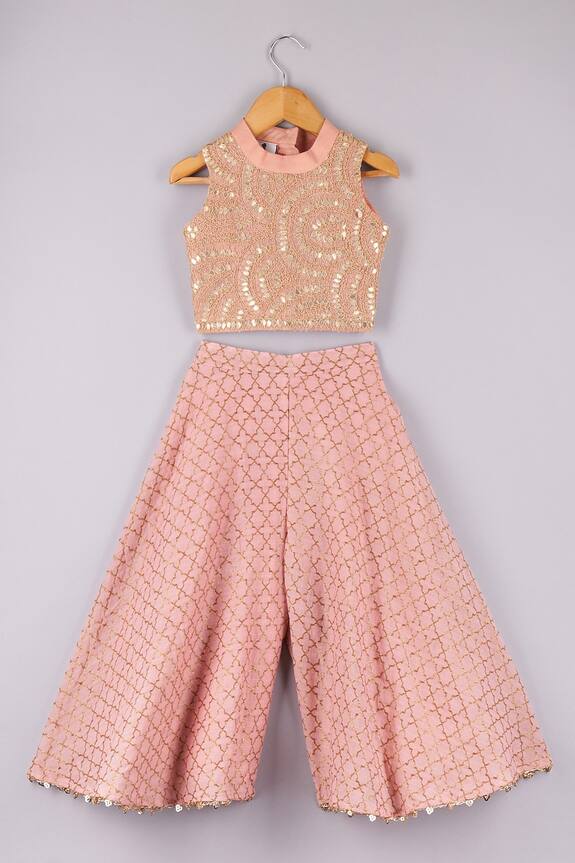 P & S Co Pink Geometric Brocade Palazzo And Top Set For Girls 1