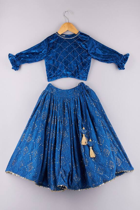 P & S Co Blue Floral Embroidered Lehenga And Velvet Choli Set For Girls 1