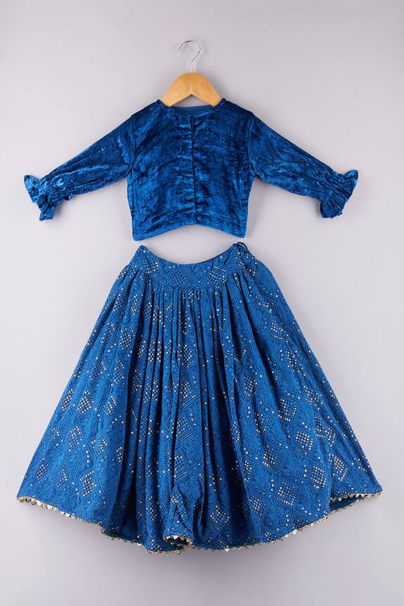 P & S Co Blue Floral Embroidered Lehenga And Velvet Choli Set For Girls 2