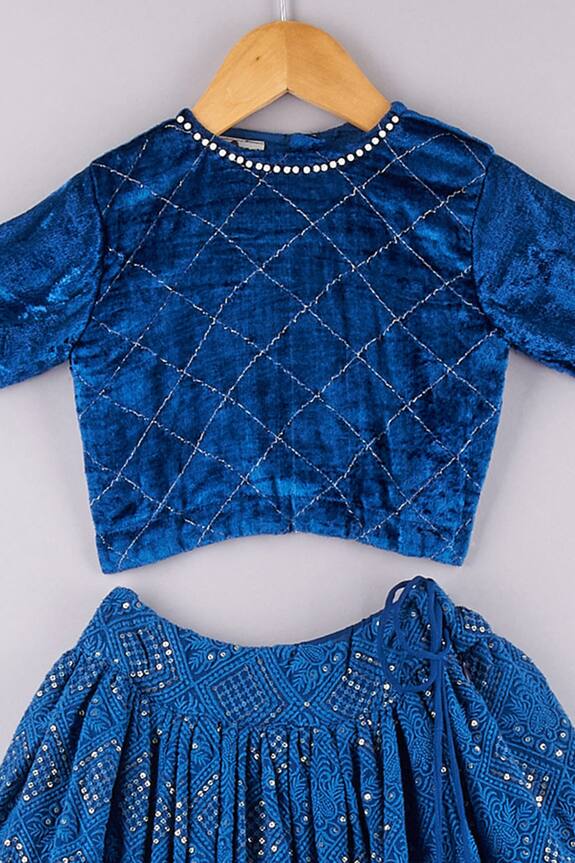 P & S Co Blue Floral Embroidered Lehenga And Velvet Choli Set For Girls 3