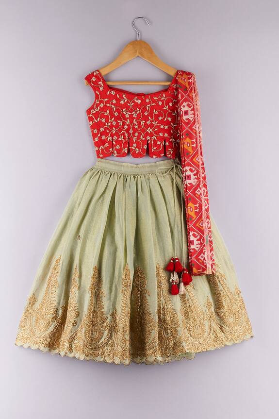 P & S Co Green Floral Embroidered Lehenga Set For Girls 0