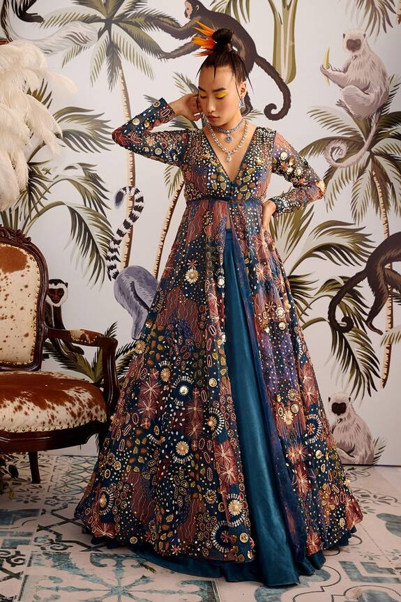 Buy_Payal & Zinal_Blue Organza Embroidered Long Cape And Skirt Set_at_Aza_Fashions