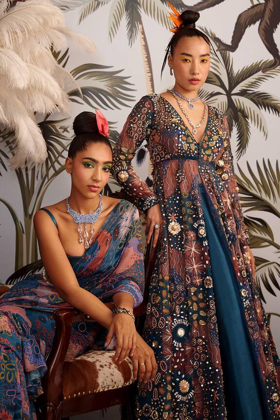 Buy_Payal & Zinal_Blue Organza Embroidered Long Cape And Skirt Set_Online_at_Aza_Fashions
