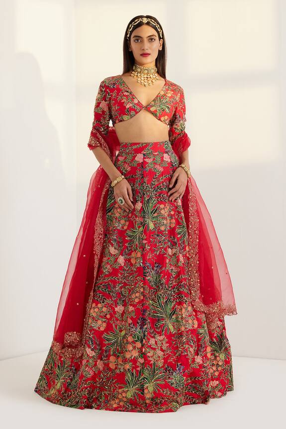 Buy Prints by Radhika Red Shantoon Silk Floral Print Lehenga Set Online