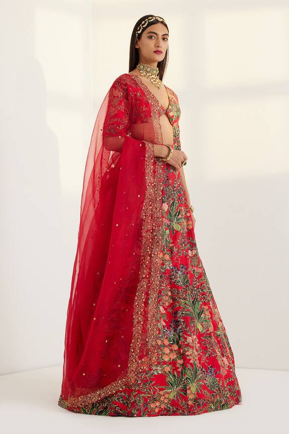 Buy Prints by Radhika Red Shantoon Silk Floral Print Lehenga Set Online