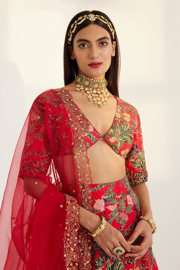 Buy Prints by Radhika Red Shantoon Silk Floral Print Lehenga Set Online