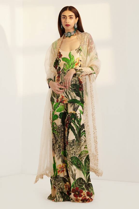 Buy Prints by Radhika White Shantoon Silk Floral Print Kurta Sharara