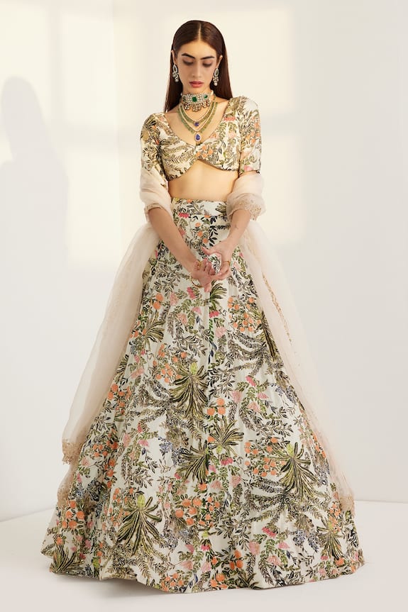 Buy Prints by Radhika White Shantoon Silk Printed Lehenga Set Online