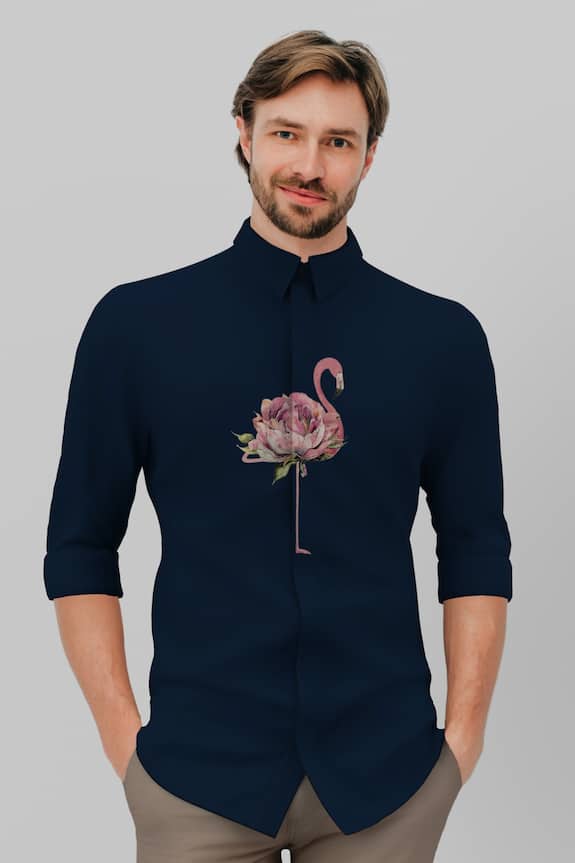 Buy HeSpoke Blue Cotton Greater Flamingo Print Shirt Online | Aza Fashions