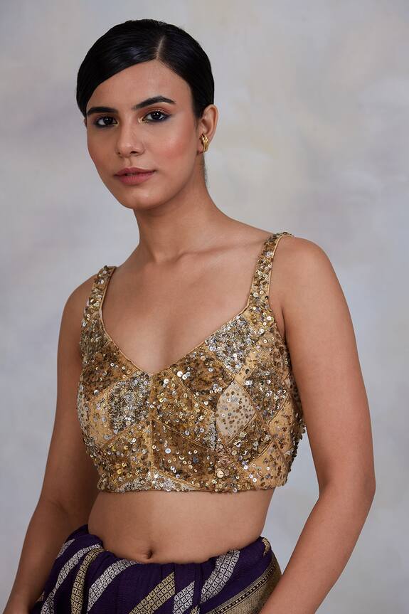 Priyanka Raajiv Gold Silk Brocade Raihan Upcycled Patchwork Blouse 0