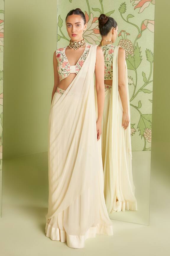 Sanjev Marwaaha White Georgette Pre-draped Saree With Embroidered Blouse 1