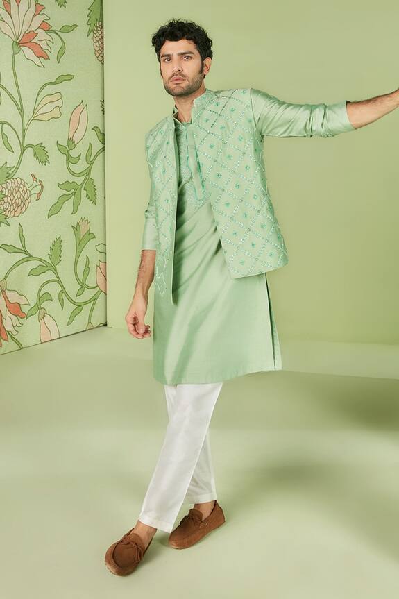 Sanjev Marwaaha Green Cotton Silk Mughal Jaali Embroidered Bundi Kurta Set 0