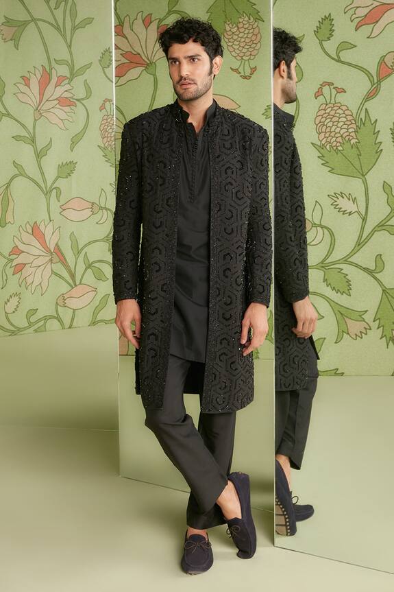 Sanjev Marwaaha Black Cotton Silk Geometric Embroidered Long Jacket Kurta Set 1