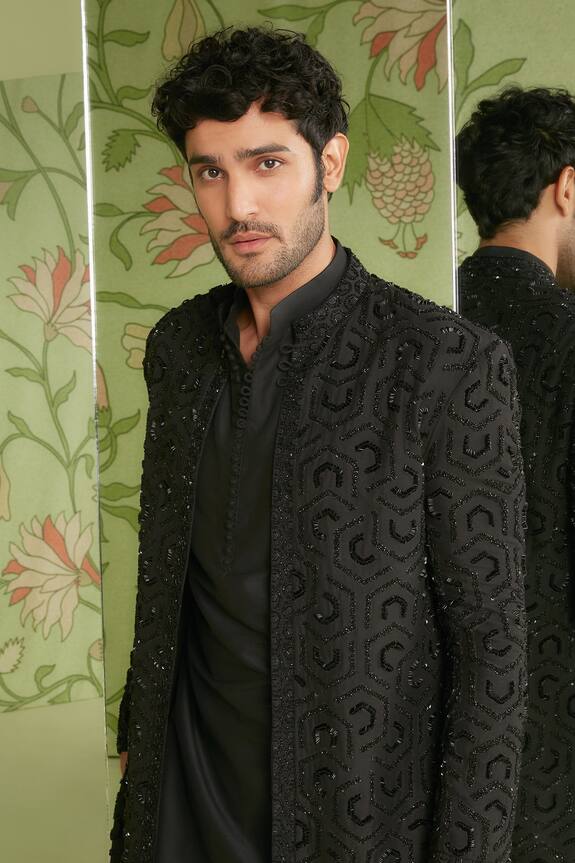 Sanjev Marwaaha Black Cotton Silk Geometric Embroidered Long Jacket Kurta Set 2