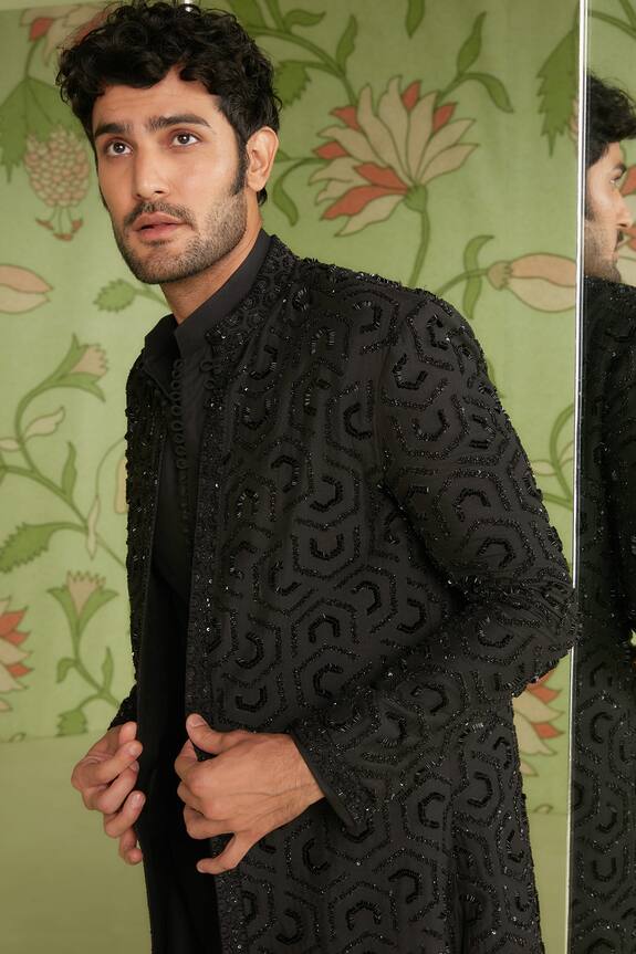 Sanjev Marwaaha Black Cotton Silk Geometric Embroidered Long Jacket Kurta Set 4
