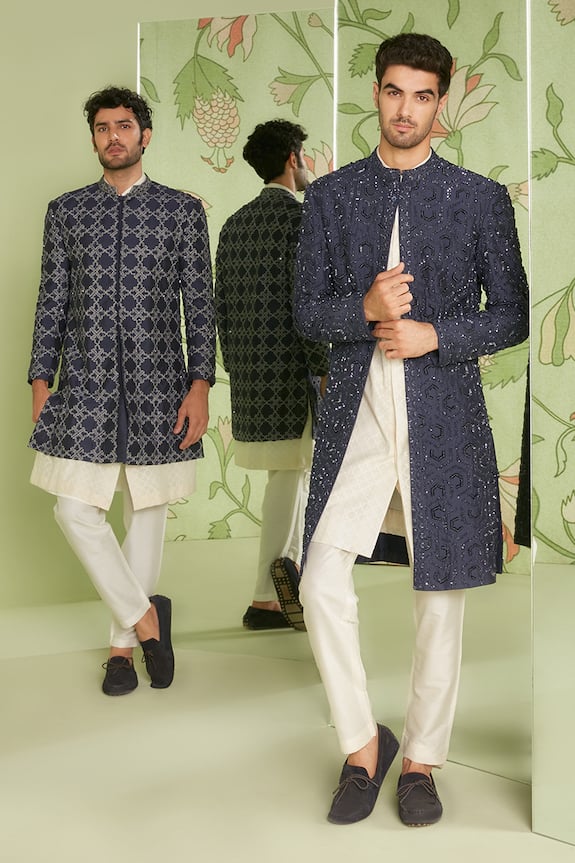 Sanjev Marwaaha Blue Cotton Silk Geometric Embroidered Long Jacket Kurta Set 2
