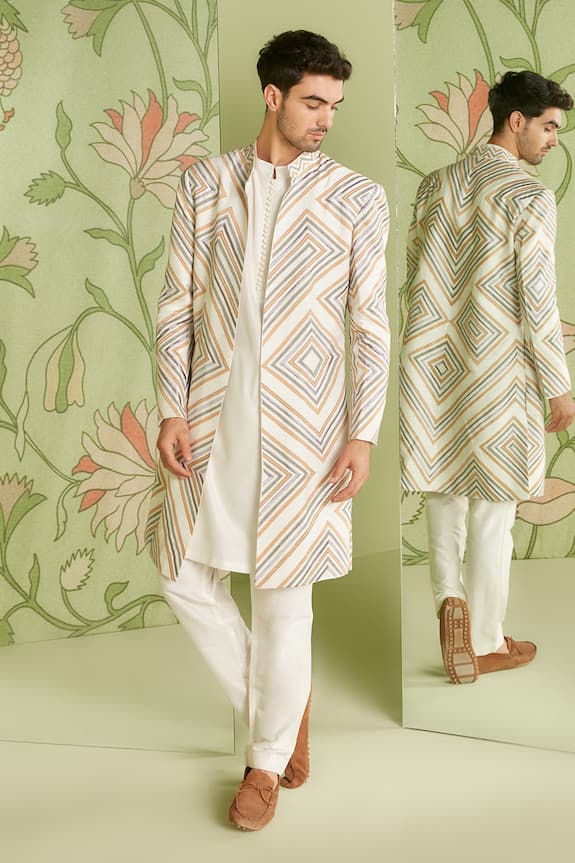 Sanjev Marwaaha White Cotton Silk Geometric Embroidered Long Jacket Kurta Set 1