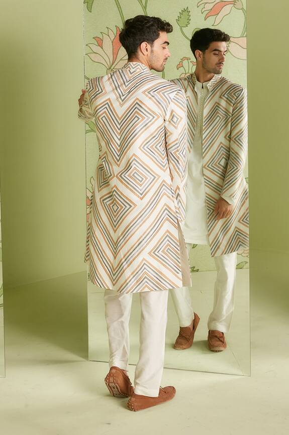 Sanjev Marwaaha White Cotton Silk Geometric Embroidered Long Jacket Kurta Set 2