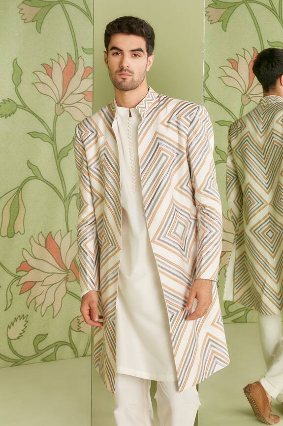 Sanjev Marwaaha White Cotton Silk Geometric Embroidered Long Jacket Kurta Set 4