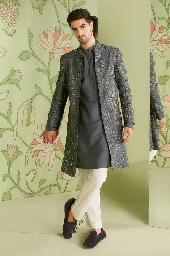 Sanjev Marwaaha Grey Cotton Silk Geometric Embroidered Long Jacket Kurta Set 3