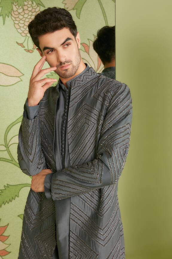 Sanjev Marwaaha Grey Cotton Silk Geometric Embroidered Long Jacket Kurta Set 4