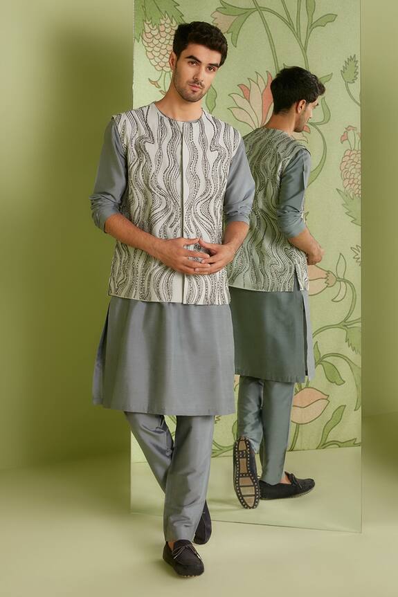Sanjev Marwaaha Grey Cotton Silk Cutdana Embroidered Bundi Kurta Set 0
