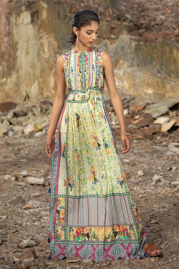 Bhanuni By Jyoti Green Viscose Bloom Printed Maxi Dress 0