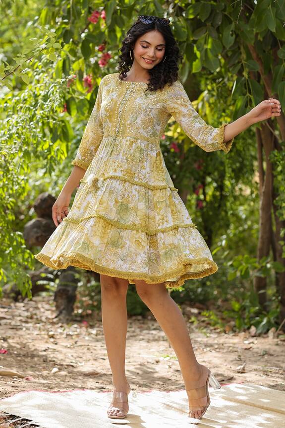 Bairaas Yellow Mulmul Floral Print Tiered Dress 5