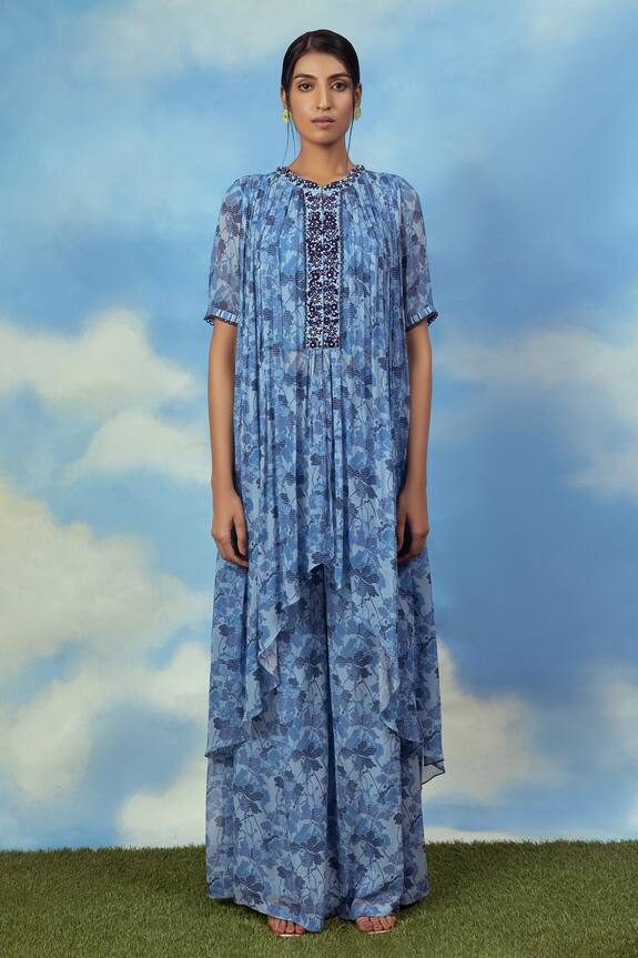 Adi By Aditya Khandelwl Blue Georgette Floral Print Tunic And Palazzo Set 3