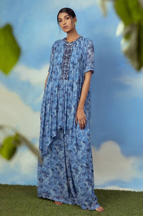 Adi By Aditya Khandelwl Blue Georgette Floral Print Tunic And Palazzo Set 4