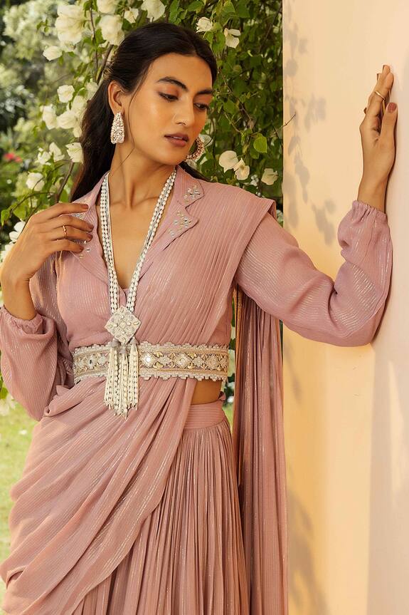 Seeaash Pink Lurex Pre-draped Sharara Saree With Blouse 4