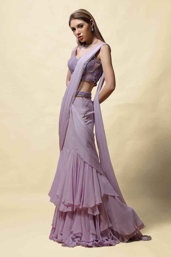 Asaga Purple Silk Radha Pre-draped Lehenga Saree With Blouse 4