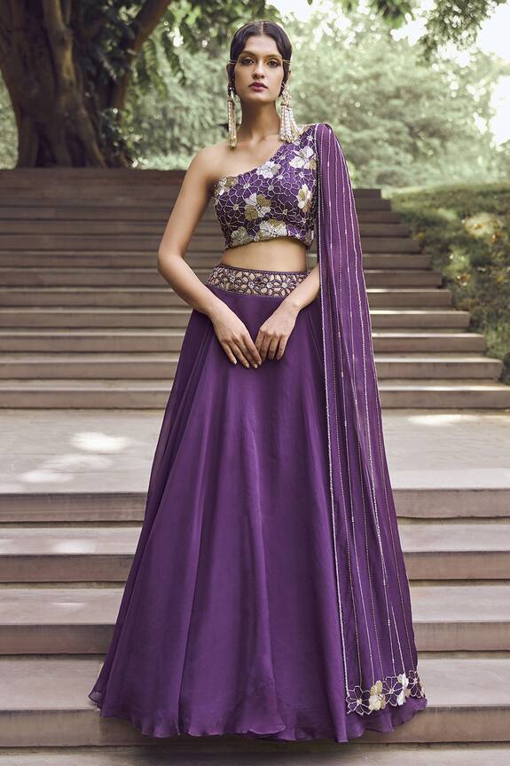 Charu and Vasundhara Purple Tussar Rida Skirt And One Shoulder Draped Blouse Set 1