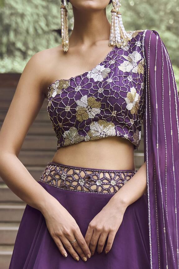 Charu and Vasundhara Purple Tussar Rida Skirt And One Shoulder Draped Blouse Set 4