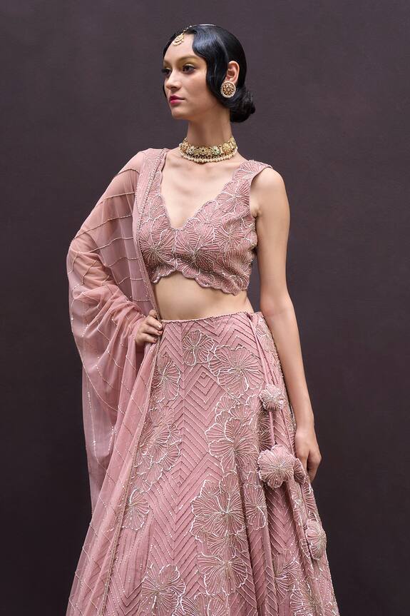 Charu and Vasundhara Pink Raina Net Floral Embroidered Lehenga Set 4