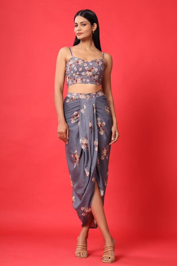 Pasha India Blue Rayon Slub Floral Print Crop Top And Skirt Set 1