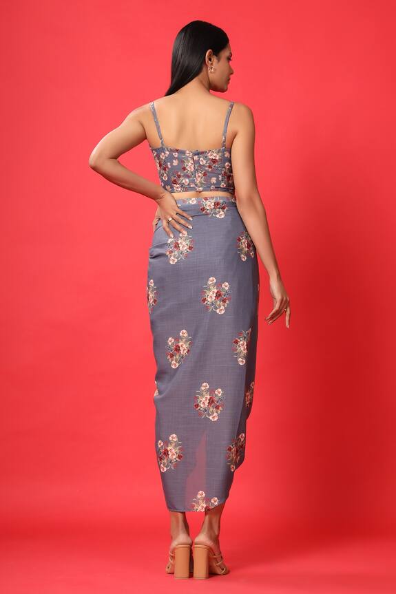 Pasha India Blue Rayon Slub Floral Print Crop Top And Skirt Set 2