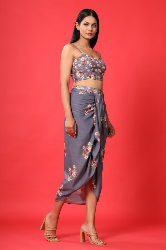 Pasha India Blue Rayon Slub Floral Print Crop Top And Skirt Set 3
