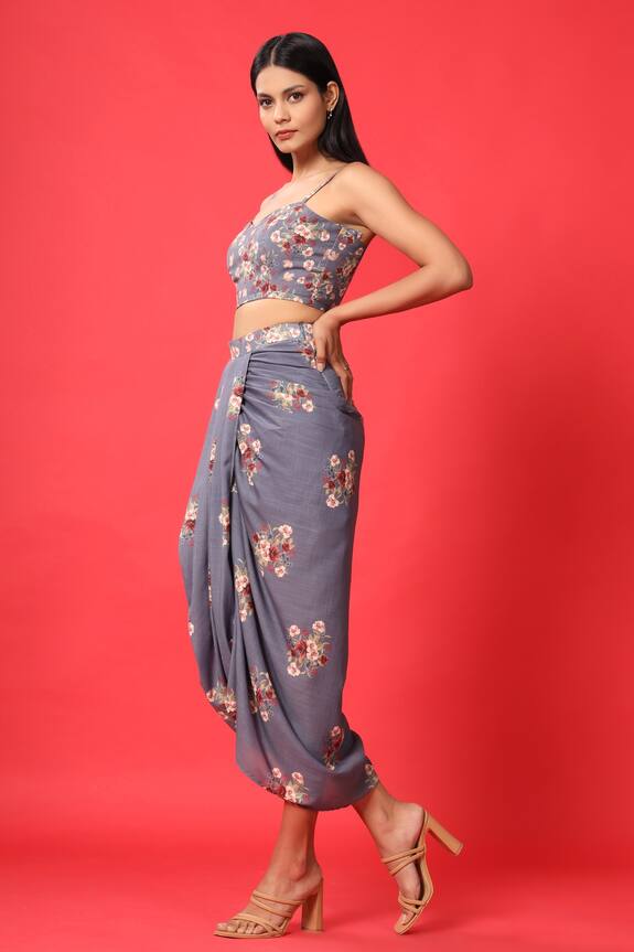 Pasha India Blue Rayon Slub Floral Print Crop Top And Skirt Set 4
