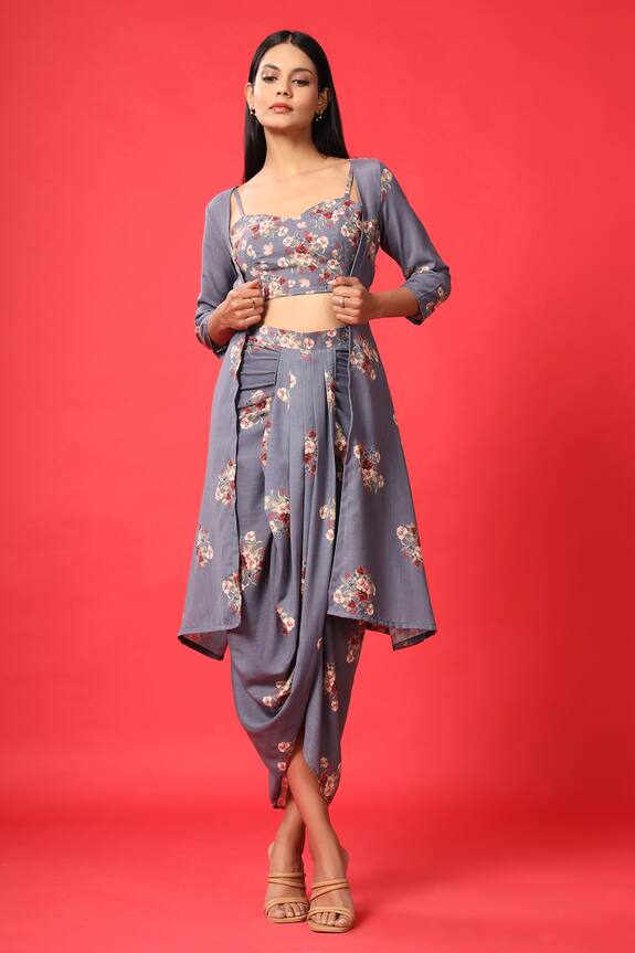 Pasha India Blue Rayon Slub Floral Print Cape And Skirt Set 1