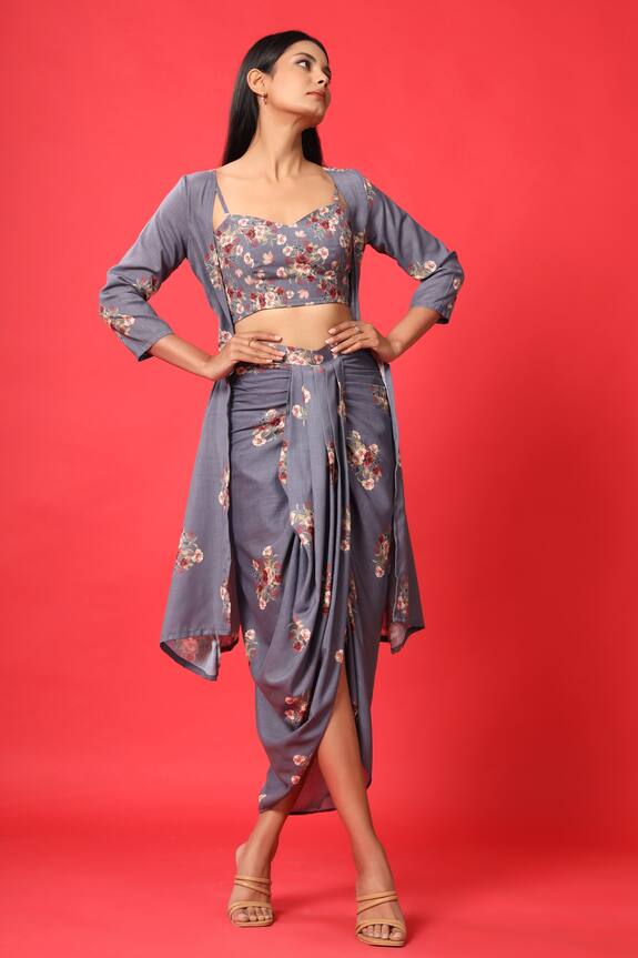 Pasha India Blue Rayon Slub Floral Print Cape And Skirt Set 2
