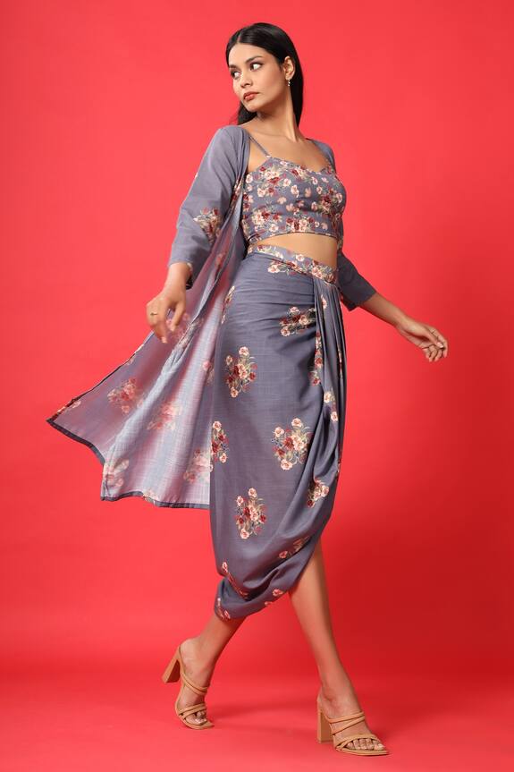 Pasha India Blue Rayon Slub Floral Print Cape And Skirt Set 3