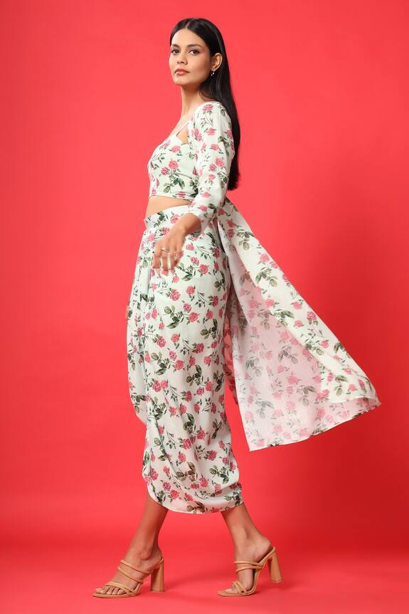 Pasha India Green Rayon Slub Floral Print Cape And Skirt Set 5