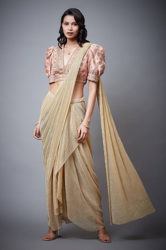 RI.Ritu Kumar Gold Polyester Satnam Pre-draped Saree And Blouse 0