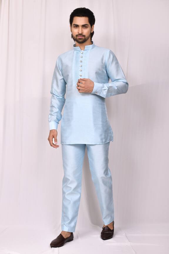 Aryavir Malhotra Blue Art Silk Band Collar Kurta And Pant Set 1