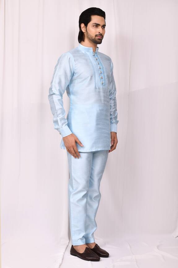 Aryavir Malhotra Blue Art Silk Band Collar Kurta And Pant Set 3