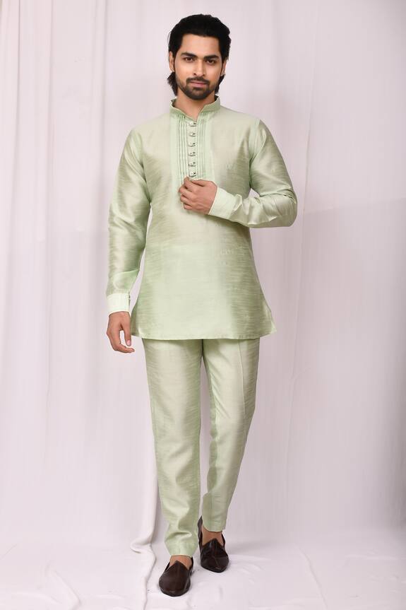 Aryavir Malhotra Green Art Silk Band Collar Kurta And Pant Set 1